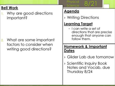 8/21 Bell Work Why are good directions important? Agenda