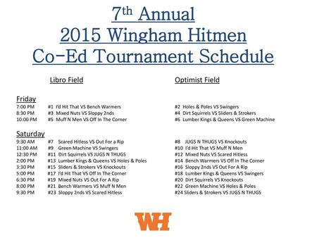 7th Annual 2015 Wingham Hitmen Co-Ed Tournament Schedule