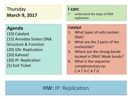 HW: IP: Replication Thursday March 9, 2017 I can: Agenda (10) Catalyst