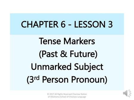 Tense Markers (Past & Future) Unmarked Subject (3rd Person Pronoun)