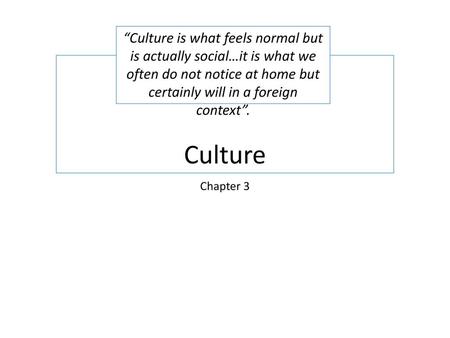 “Culture is what feels normal but is actually social…it is what we often do not notice at home but certainly will in a foreign context”. Culture Chapter.