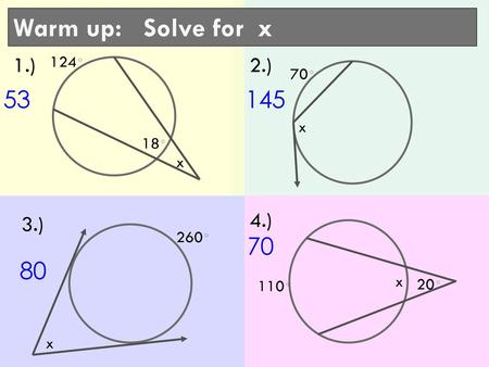 Warm up: Solve for x 1.) 2.) 4.) 3.) 124◦ 70◦ x 18◦ x 260◦ x 20◦ 110◦