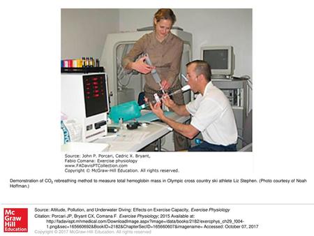 Demonstration of CO2 rebreathing method to measure total hemoglobin mass in Olympic cross country ski athlete Liz Stephen. (Photo courtesy of Noah Hoffman.)