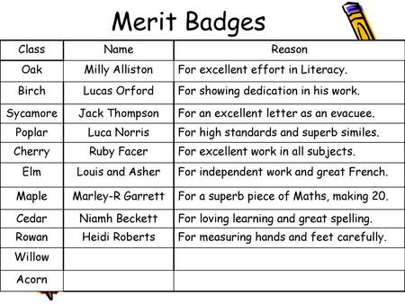 Merit Badges Class Name Reason Oak Milly Alliston