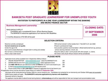 BANKSETA POST GRADUATE LEARNERSHIP FOR UNEMPLOYED YOUTH