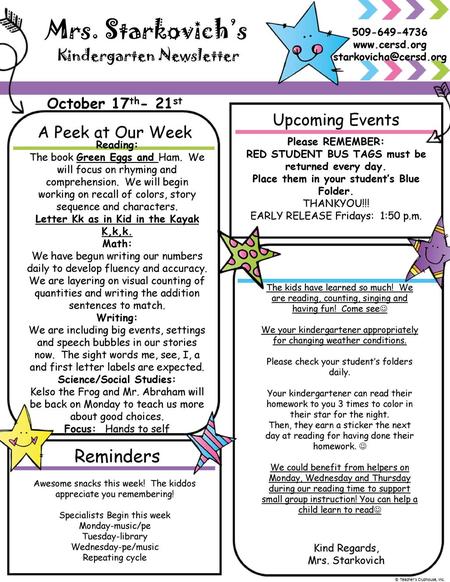 Mrs. Starkovich’s Reminders Upcoming Events A Peek at Our Week