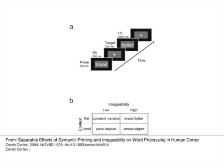 Figure 1. Priming task. (A) A schematic representation of the trial sequence. (B) Examples of the factorial combination of prime–target contextual (Related.