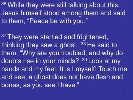 36 While they were still talking about this, Jesus himself stood among them and said to them, “Peace be with you.” 37 They were startled and frightened,