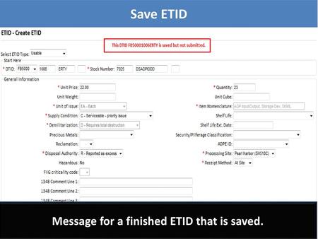 Message for a finished ETID that is saved.