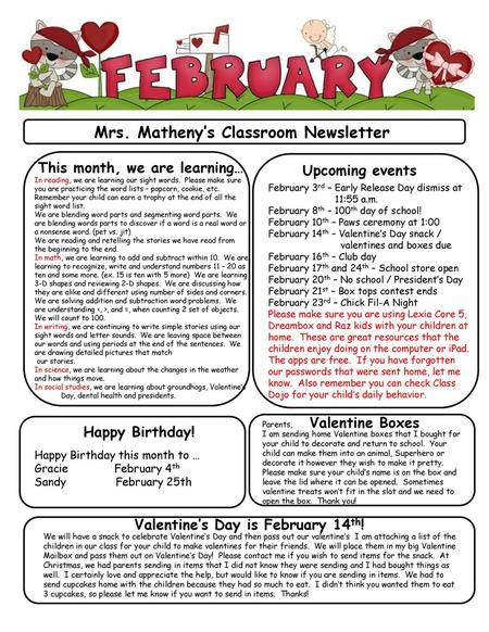 Mrs. Matheny’s Classroom Newsletter