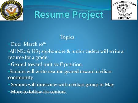 Resume Project Topics Due: March 10th