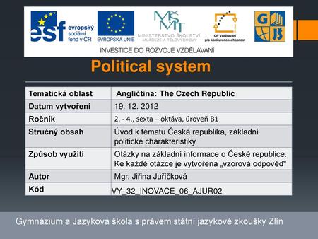 Political system Tematická oblast Angličtina: The Czech Republic