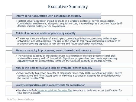 Executive Summary Inform server acquisition with consolidation strategy Tactical server acquisition should be made in a strategic context of server consolidation.