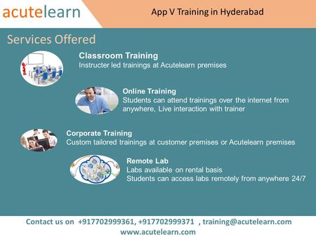 Acutelearn App V Training in Hyderabad Classroom Training Instructer led trainings at Acutelearn premises Corporate Training Custom tailored trainings.