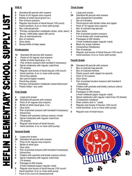 HEFLIN ELEMENTARY SCHOOL SUPPLY LIST