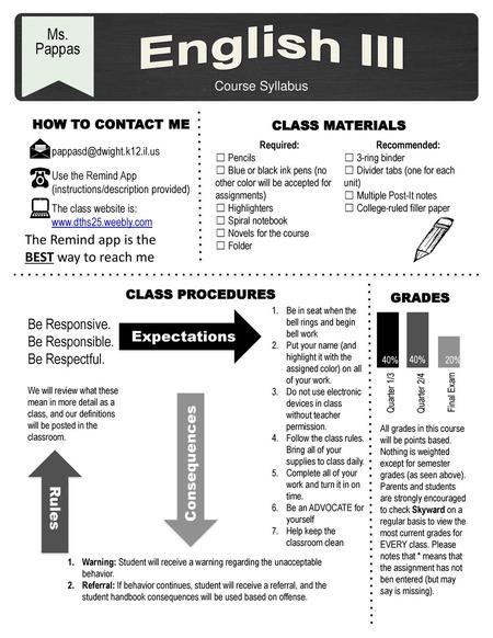 English III Ms. Pappas The Remind app is the BEST way to reach me
