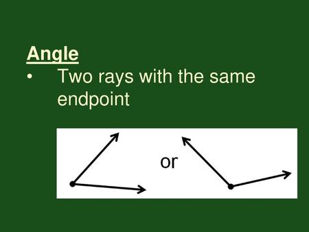 Angle • Two rays with the same endpoint