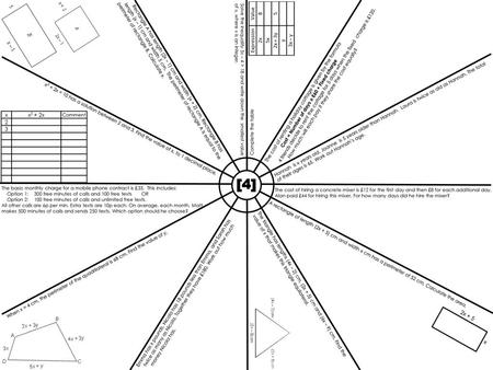 [4] length (x – 1) cm and width 5 cm. The perimeter of rectangle A is equal to the perimeter of rectangle B. Calculate x. Rectangle A has length (2x –