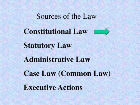 Sources of the Law Constitutional Law Statutory Law Administrative Law