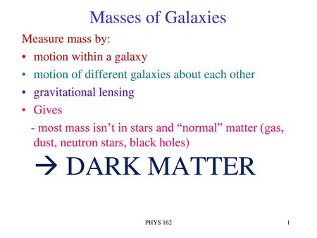 Masses of Galaxies Measure mass by: motion within a galaxy