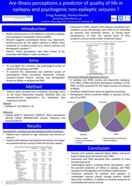 Are illness perceptions a predictor of quality of life in epilepsy and psychogenic non-epileptic seizures ? Gregg Rawlings, Markus Reuber ghrawlings1@sheffield.ac.uk.