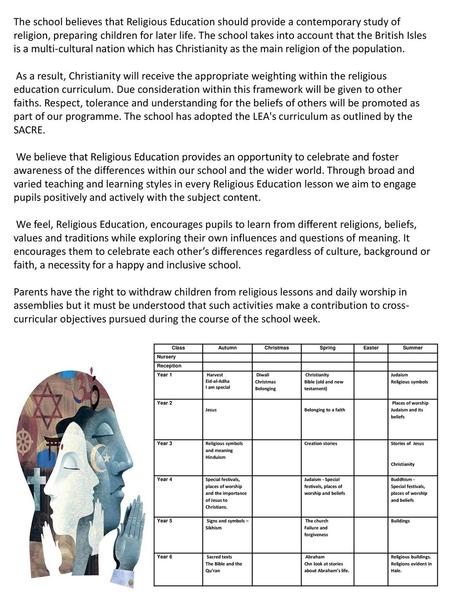 The school believes that Religious Education should provide a contemporary study of religion, preparing children for later life. The school takes into.