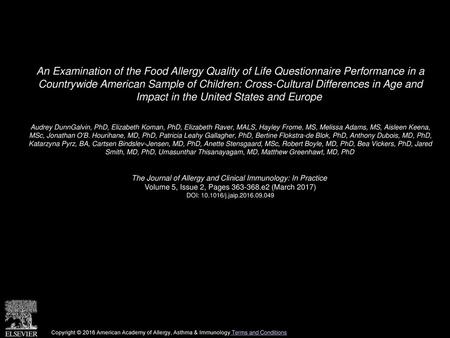 An Examination of the Food Allergy Quality of Life Questionnaire Performance in a Countrywide American Sample of Children: Cross-Cultural Differences.