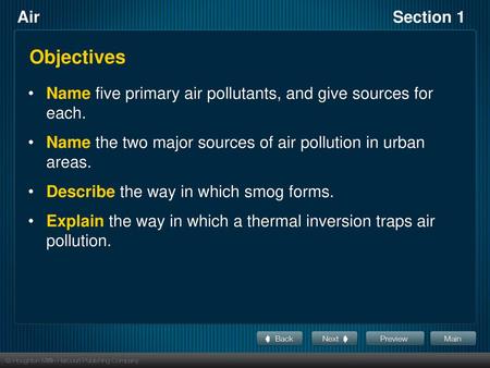 Objectives Name five primary air pollutants, and give sources for each. Name the two major sources of air pollution in urban areas. Describe the way in.