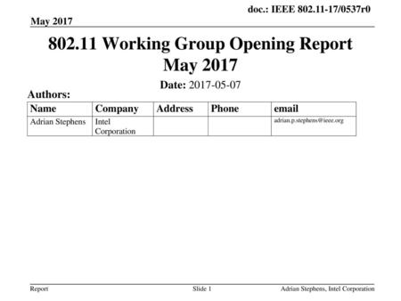 Working Group Opening Report May 2017