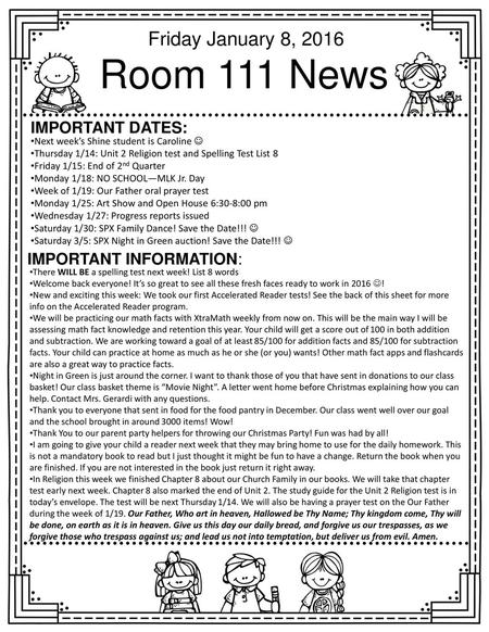 Room 111 News Friday January 8, 2016 Important dates: