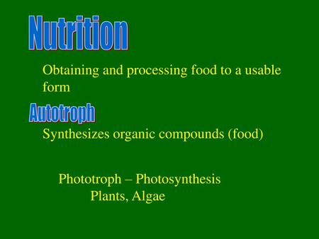 Nutrition Autotroph Obtaining and processing food to a usable form