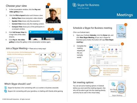 Skype for Business Meetings Quick Start Guide, pages 1 and 4