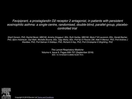 Fevipiprant, a prostaglandin D2 receptor 2 antagonist, in patients with persistent eosinophilic asthma: a single-centre, randomised, double-blind, parallel-group,