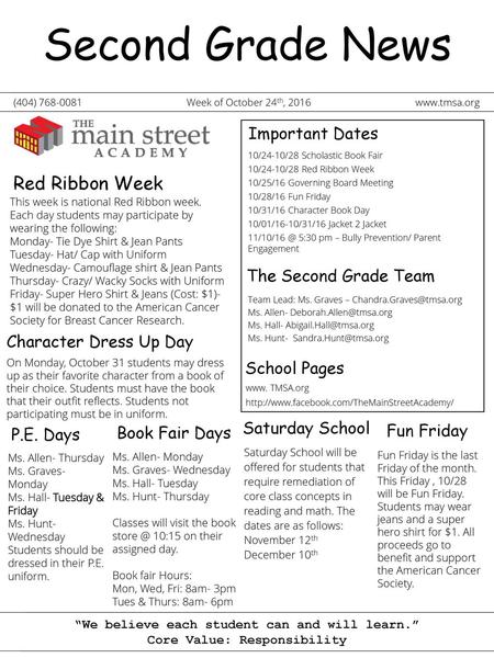 Second Grade News Red Ribbon Week Important Dates