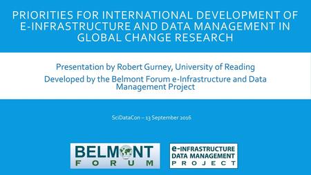 Priorities for International Development of e-Infrastructure and Data Management in Global Change Research Presentation by Robert Gurney, University of.