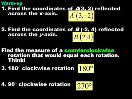 Find the coordinates of A(3, 2) reflected across the x-axis.