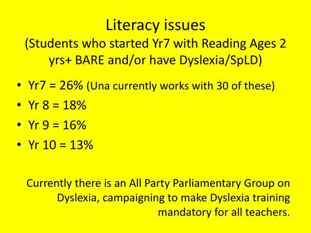 Yr7 = 26% (Una currently works with 30 of these) Yr 8 = 18% Yr 9 = 16%