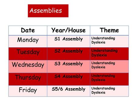 Assemblies Date Year/House Theme Monday Tuesday Wednesday Thursday