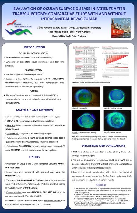 EVALUATION OF OCULAR SURFACE DISEASE IN PATIENTS AFTER TRABECULECTOMY: COMPARATIVE STUDY WITH AND WITHOUT INTRACAMERAL BEVACIZUMAB Sónia Parreira; Sandra.