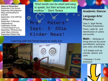 Mrs. Peters’ Sept. 5, 2016 Kinder News!