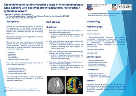 The incidence of cerebrovascular events in immunocompetent adult patients with bacterial and mycobacterial meningitis: A systematic review. JBI Comprehensive.