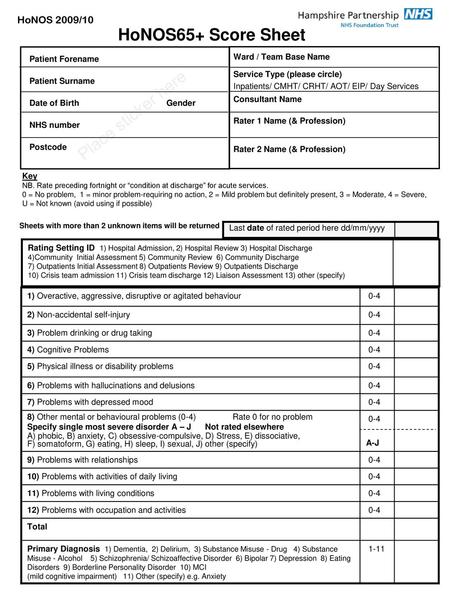 HoNOS65+ Score Sheet Place sticker here HoNOS 2009/10 Patient Forename