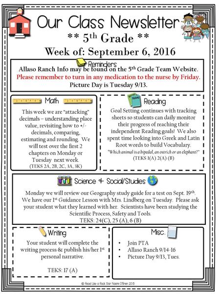 ** 5th Grade ** Week of: September 6, 2016