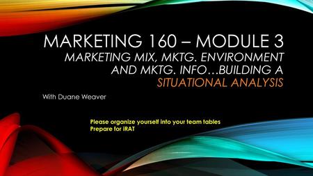 MARKETING 160 – MODULE 3 Marketing mix, Mktg. Environment and Mktg