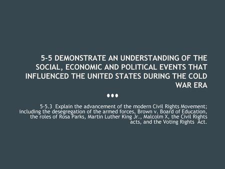 5-5 DEMONSTRATE AN UNDERSTANDING OF THE SOCIAL, ECONOMIC AND POLITICAL EVENTS THAT INFLUENCED THE UNITED STATES DURING THE COLD WAR ERA 5-5.3 Explain.