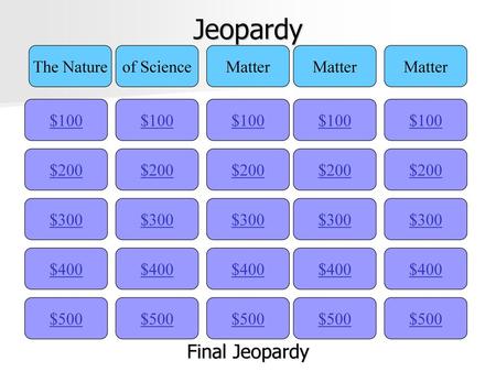 Jeopardy Final Jeopardy The Nature of Science Matter Matter Matter