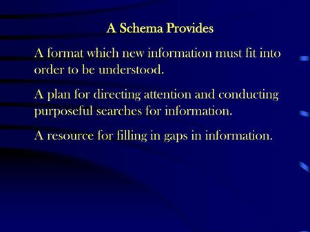 A Schema Provides A format which new information must fit into order to be understood. A plan for directing attention and conducting purposeful searches.