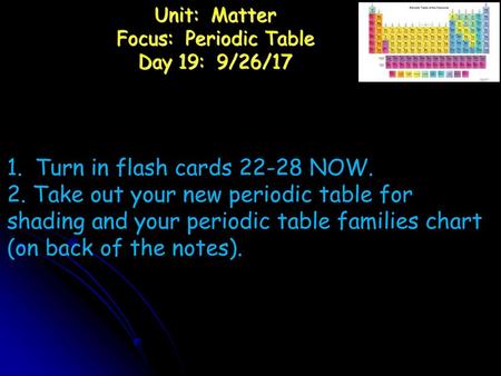 Unit: Matter Focus: Periodic Table Day 19: 9/26/17