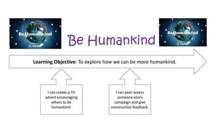 Be Humankind Learning Objective: To explore how we can be more humankind. I can create a TV advert encouraging others to be humankind. I can peer assess.