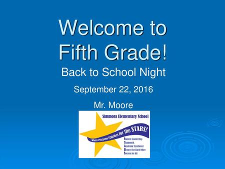 Welcome to Fifth Grade! Back to School Night September 22, 2016